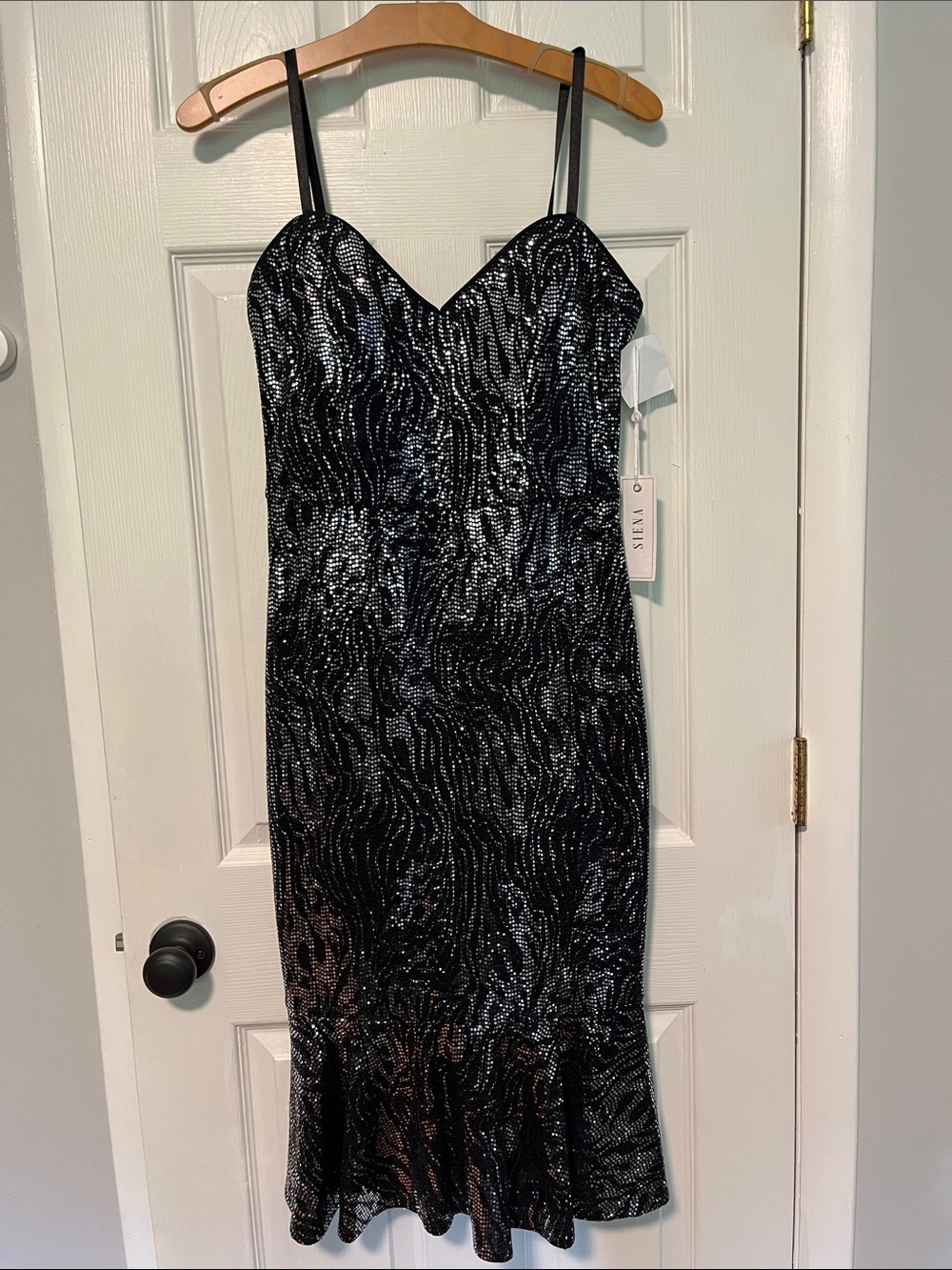 Siena Studio Black Sequined Midi Slip Dress with Subtle Flare